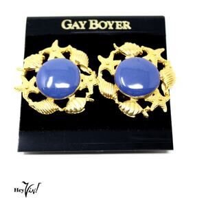 Vintage Gay Boyer Clip On Earrings Sea Shells Blue Enamel Original Card -Hey Viv